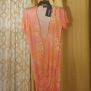 Pretty Little Thing Orange and Pink Plunge Swim Cover up
